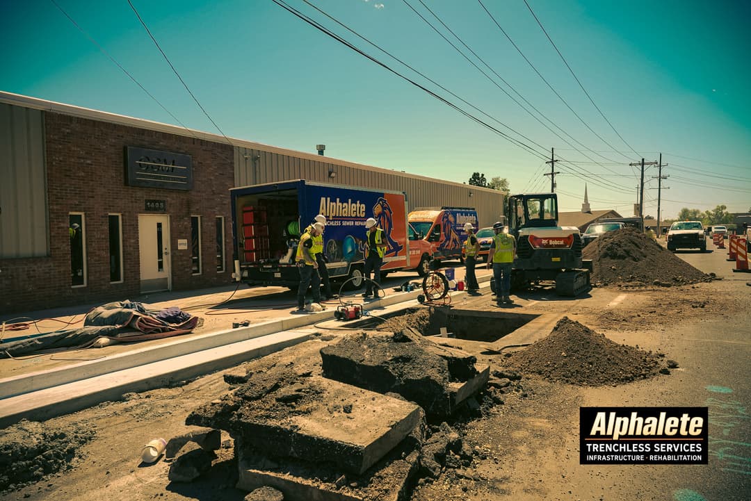 Alphalete crew working on trenchless infrastructure repair outside a building on a sunny day.