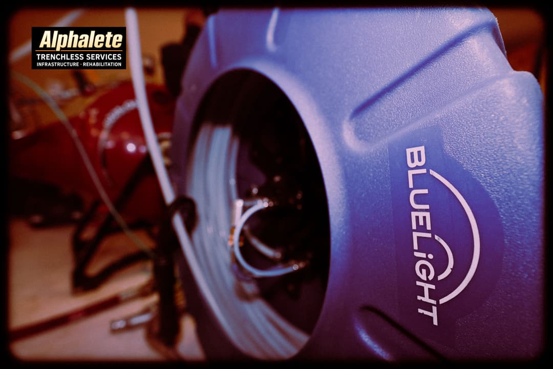 Alphalete trenchless services equipment featuring a blue BLUELIGHT tool for infrastructure rehabilitation.