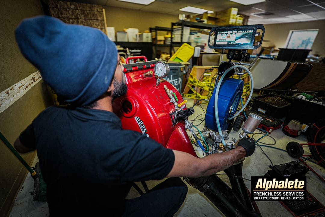 Technician using trenchless equipment with monitor in cluttered service environment.