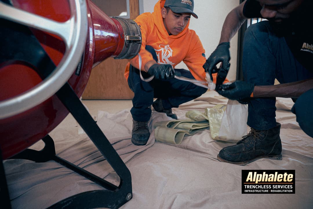 Worker using tools on trenchless infrastructure equipment in a施工工作区.