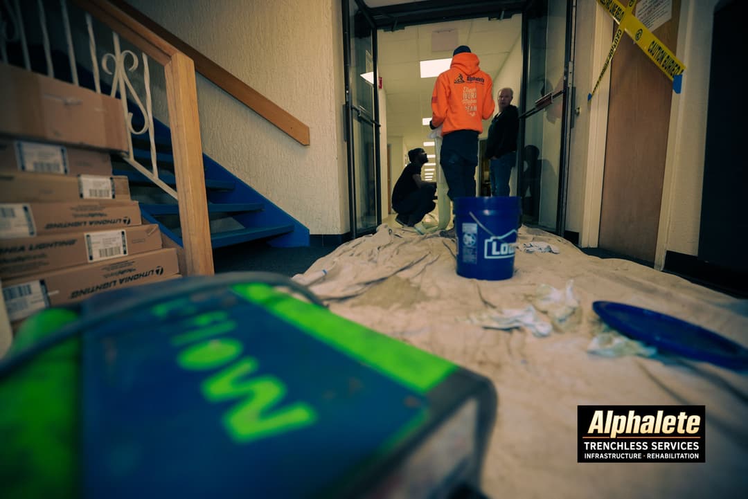 Workers in safety gear applying trenchless services in a hallway with tools and materials.