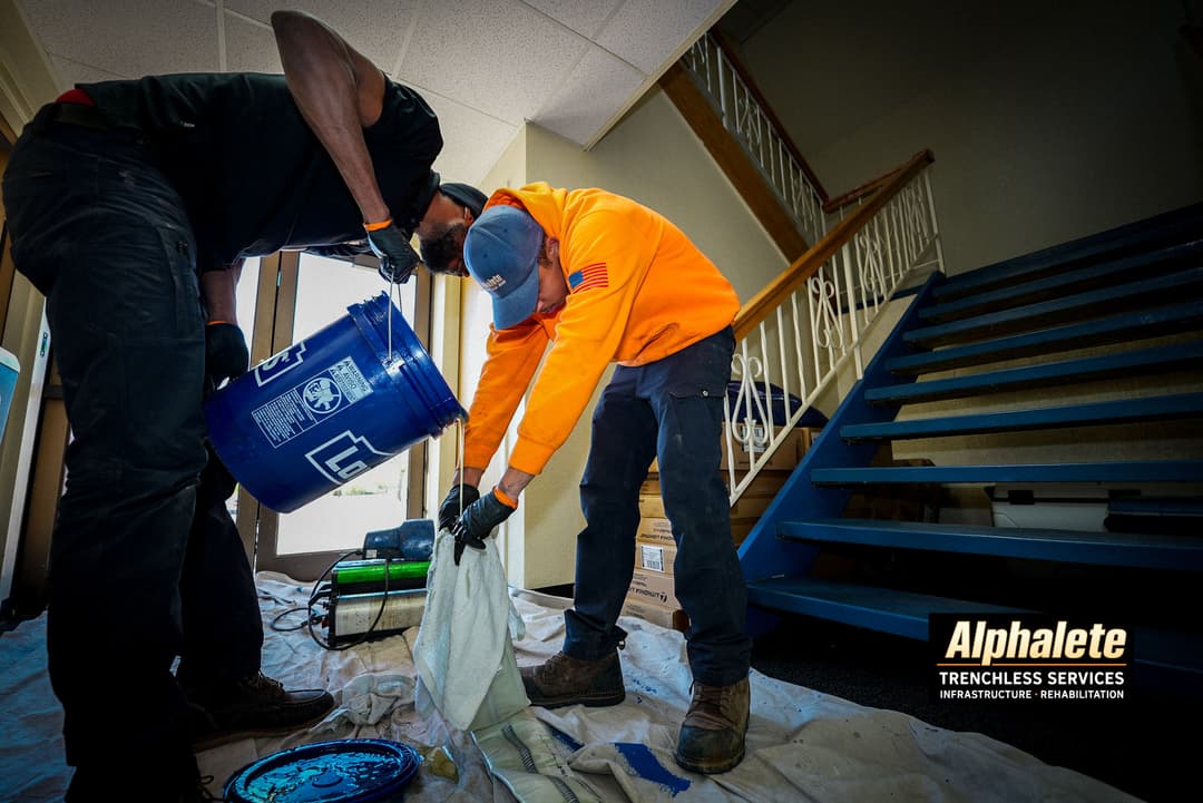 Two workers applying paint in a building hallway, focused on preparation and cleanup.