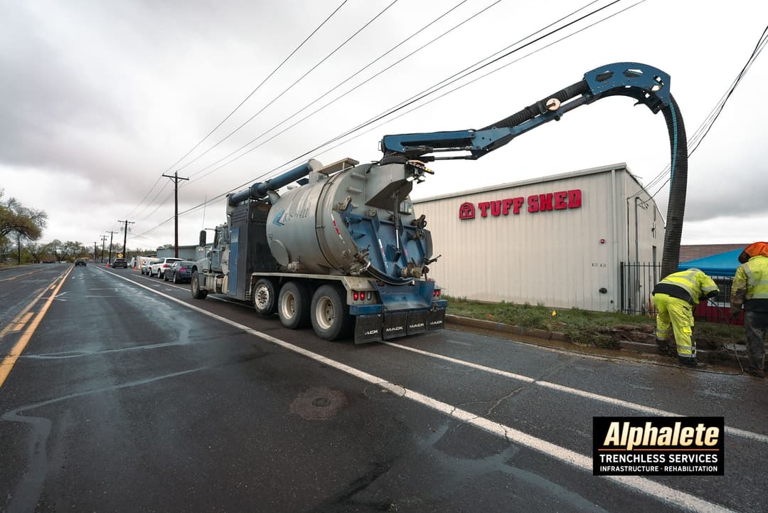 Sewer cleaning truck on a rainy road, workers in safety gear, Tuff Shed building nearby.
