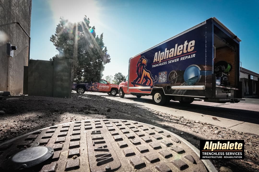 Alphalete truck parked near a manhole, showcasing trenchless sewer repair services.