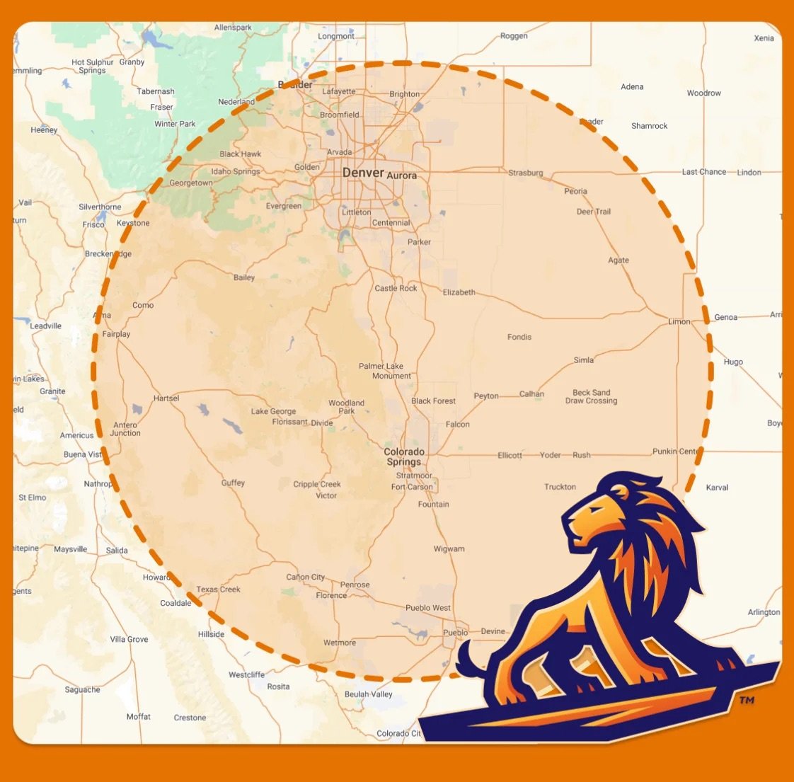 Coverage map of Alphalete Trenchless service area: a highlighted circle over Denver, Colorado Springs, Castle Rock, Monument, Parker, Littleton, Fountain, Pueblo, Woodland Park, and Cañon City, Colorado.