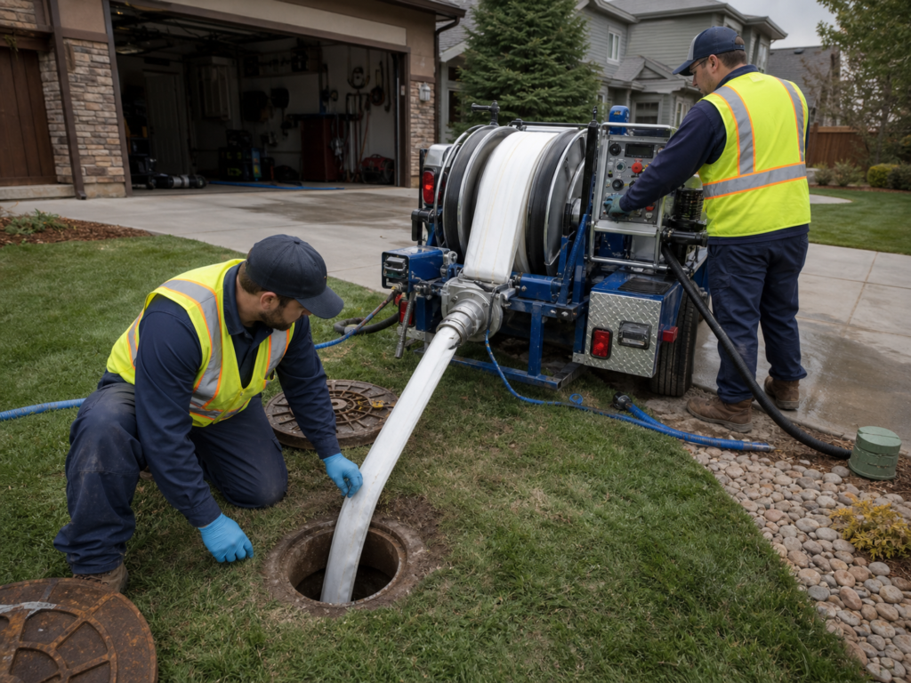 Alphalete technicians installing a trenchless CIPP sewer liner through a small yard access point.