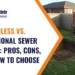 Trenchless vs. traditional sewer repair: pros, cons, and how to choose, with an open sewer trench and mini excavator in a backyard