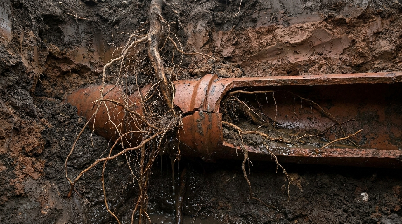 Tree roots growing into a cracked clay sewer pipe underground, a common cause of a sewer backup when it rains in Colorado