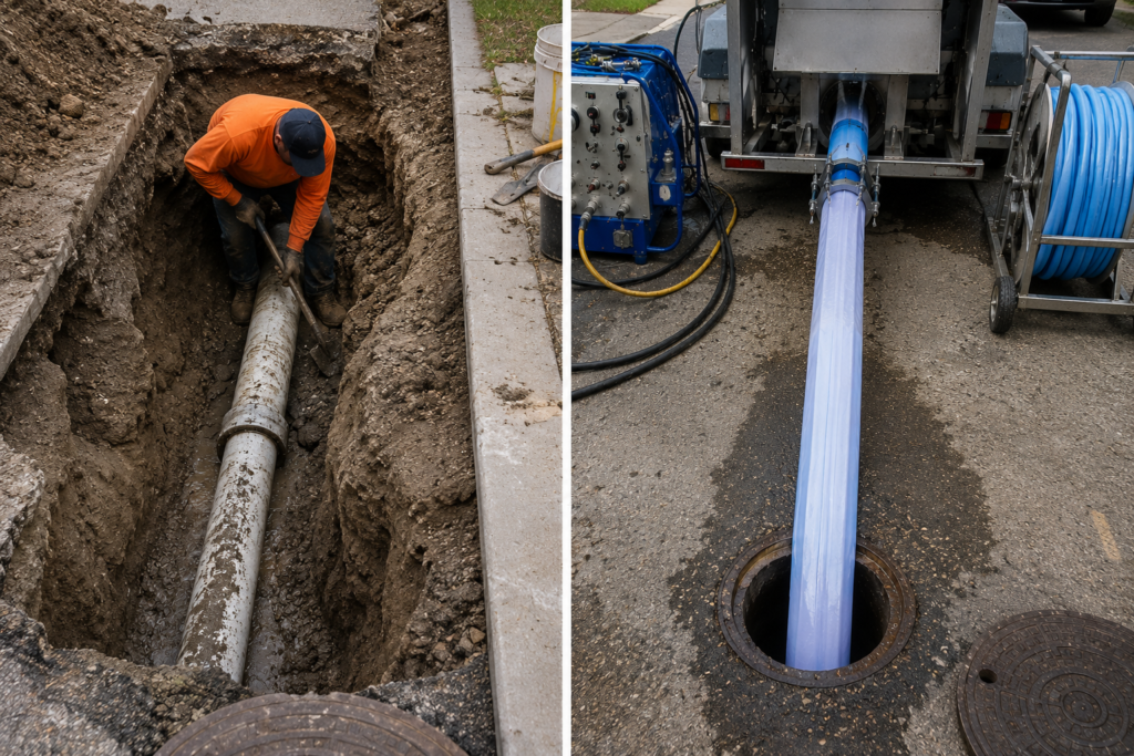 Comparison of traditional pipe excavation and trenchless pipe lining equipment in Denver, Colorado.