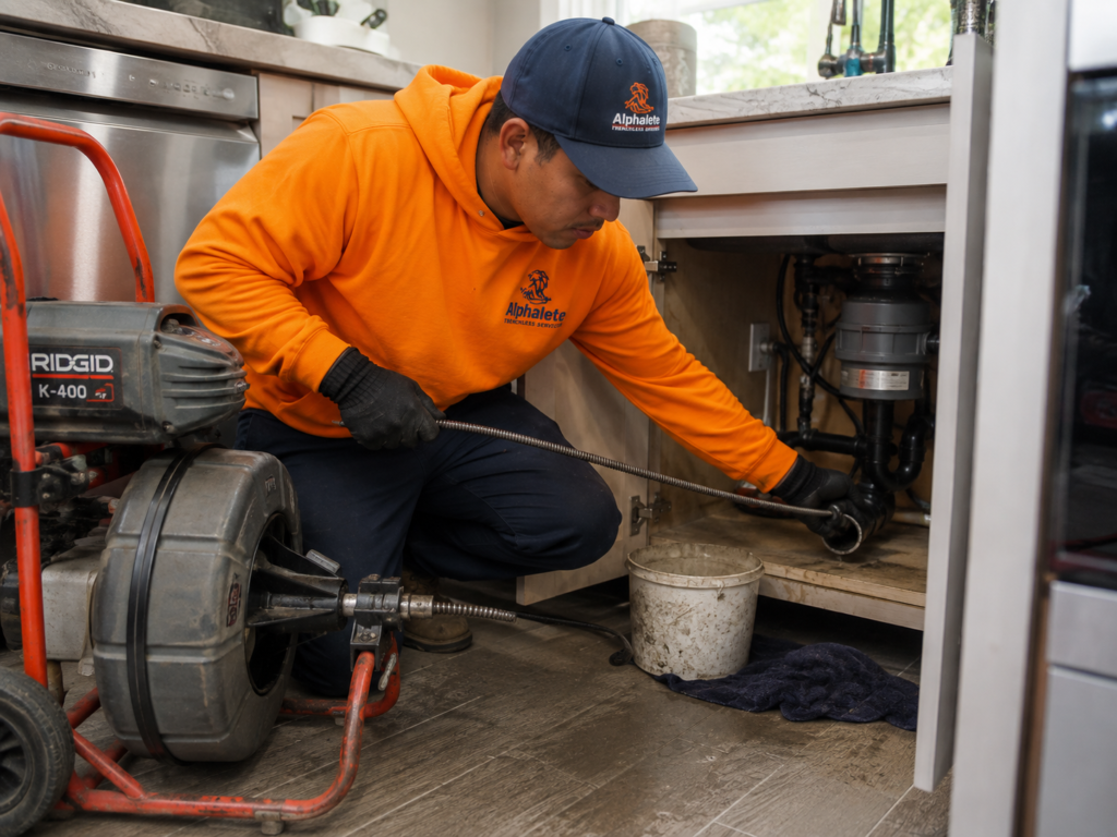Alphalete Trenchless technician using a professional drain-cleaning machine to clear a clogged kitchen sink drain.