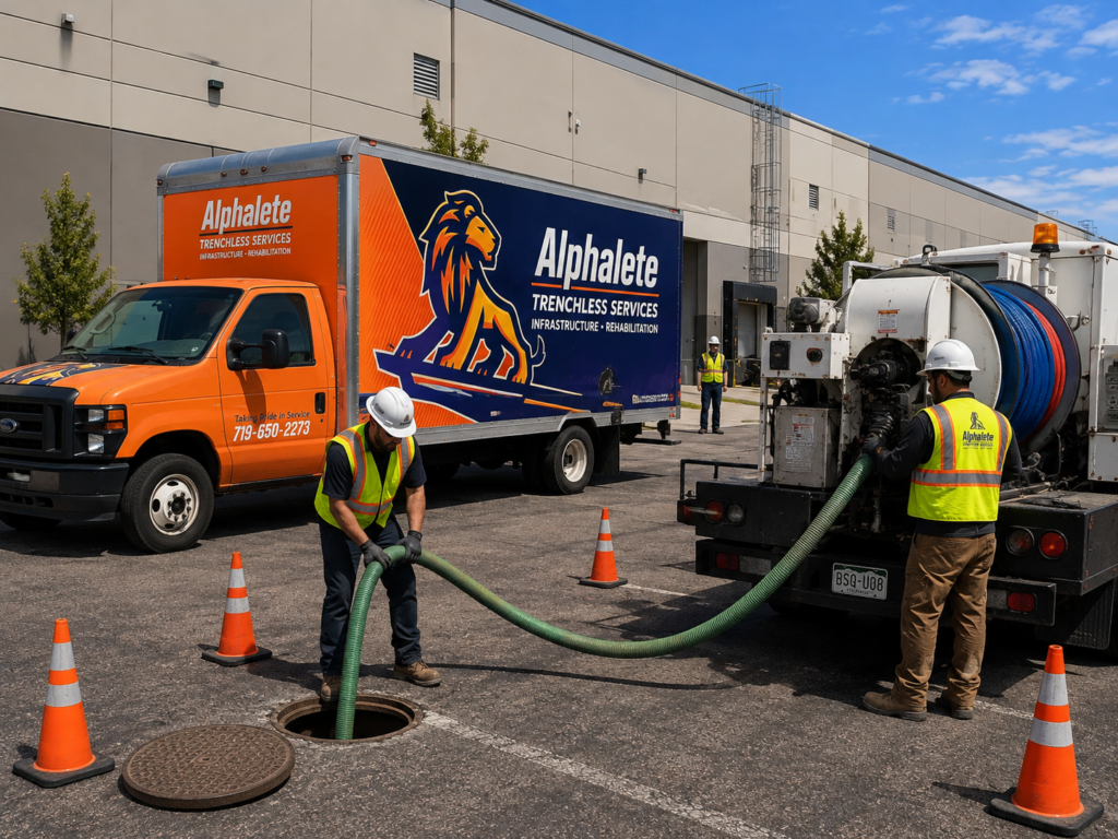 Alphalete crew performing commercial trenchless sewer work outside an industrial building in Colorado