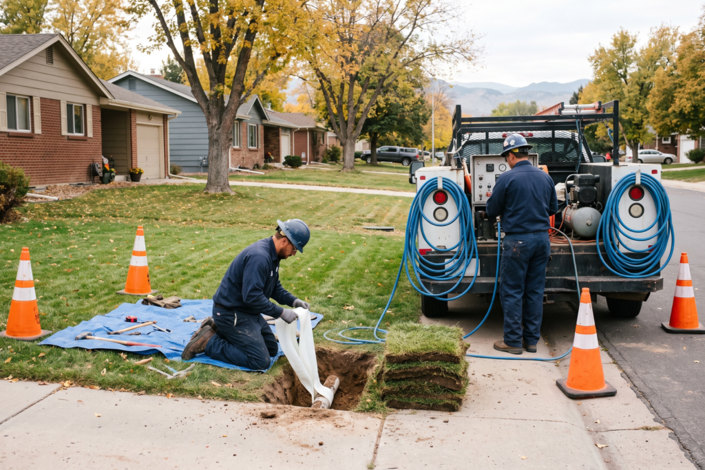 Trenchless technicians feeding a cured-in-place pipe liner into a small access pit at a Colorado home while the lawn and driveway stay intact
